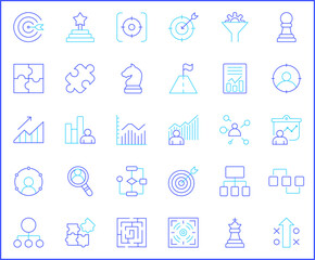 Simple Set of strategy Related Vector Line Icons. Contains such Icons as goals, success, logic, graphs, reports, business, growth, targets and more.