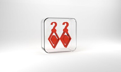 Red Earrings icon isolated on grey background. Jewelry accessories. Glass square button. 3d illustration 3D render