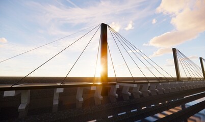 sunset behind span of cable stayed