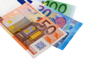 Various different Euro currency bills isolated transparent background photo PNG file