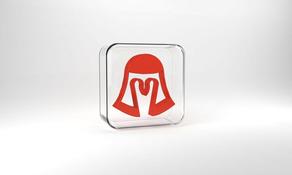 Red Medieval iron helmet for head protection icon isolated on grey background. Knight helmet. Glass square button. 3d illustration 3D render