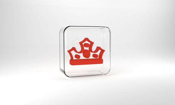 Red King crown icon isolated on grey background. Glass square button. 3d illustration 3D render