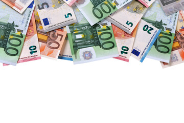 Obraz na płótnie Canvas Top border of Euro currency bills various flat isolated transparent background photo PNG file