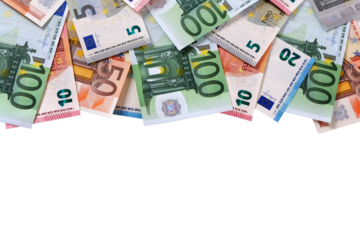 Top border of Euro currency bills various flat isolated transparent background photo PNG file