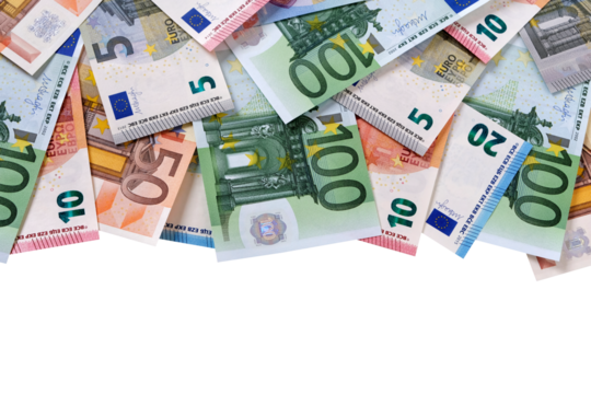 Top border of Euro currencies different laid flat isolated transparent background photo PNG file