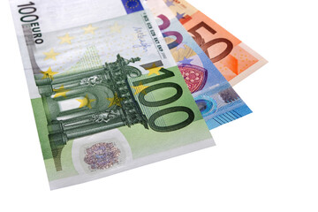 Obraz na płótnie Canvas Various Euro currency banknotes fan isolated transparent background photo PNG file