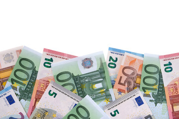 Border of various different Euro paper currency bills isolated transparent background photo PNG file - obrazy, fototapety, plakaty
