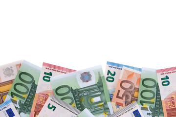 Border of various different Euro money currency bills flat isolated transparent background photo PNG file - obrazy, fototapety, plakaty