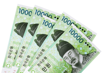 Korean Won currency bank notes fan isolated transparent background photo PNG file