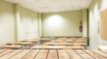 Empty wooden desk space platform with school classroom background for product display