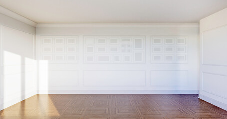 Wnętrze, pusty pokój z białymi ścianami i ozdobnymi sztukateriami. Dębowa klasyczna podłoga. 3d rendering - obrazy, fototapety, plakaty