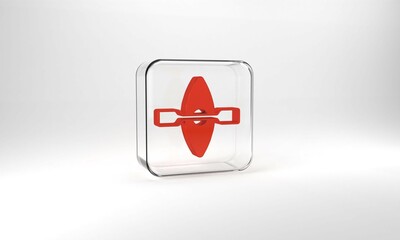 Red Kayak and paddle icon isolated on grey background. Kayak and canoe for fishing and tourism. Outdoor activities. Glass square button. 3d illustration 3D render