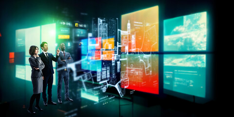 Global business group looking at hologram screen in near future cyberspace. © metamorworks