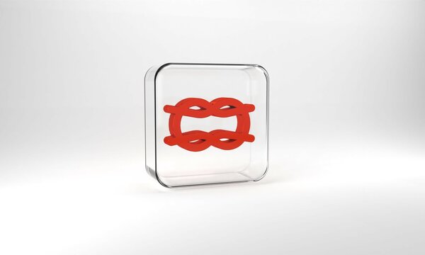 Red Nautical rope knots icon isolated on grey background. Rope tied in a knot. Glass square button. 3d illustration 3D render