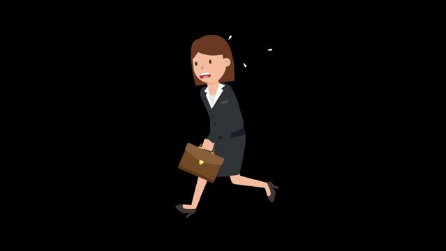 A white corporate woman with brown hair and office attire is running late somewhere, as she's walking at an accelerated pace with a worried facial expression, carrying a brown leather suitcase in her 