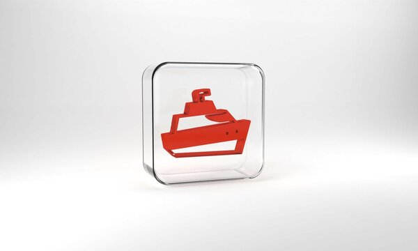 Red Speedboat icon isolated on grey background. Glass square button. 3d illustration 3D render