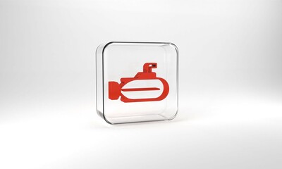 Red Submarine icon isolated on grey background. Military ship. Glass square button. 3d illustration 3D render