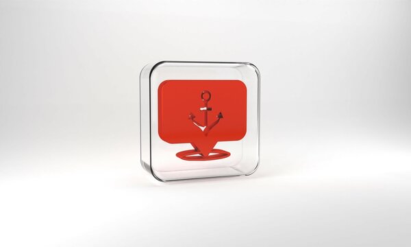 Red Anchor icon isolated on grey background. Glass square button. 3d illustration 3D render