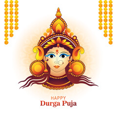 Illustration of goddess durga face in happy durga puja subh navratri background
