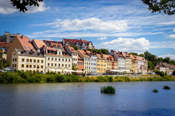 Polish-German border. Nysa river and buildings in the background. the city of goerlitz / zgorzelec