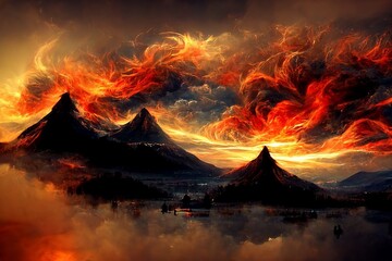 Fototapeta na wymiar Background abstract art Mountains sky on fire