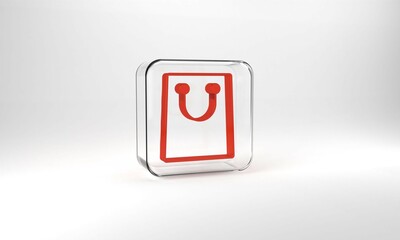 Red Paper shopping bag icon isolated on grey background. Package sign. Glass square button. 3d illustration 3D render