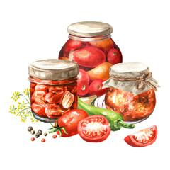 Homemade canned tomatoes,  Watercolor hand drawn illustration, isolated on white background