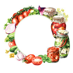 Homemade canned vegetables template. Watercolor hand drawn illustration, isolated on white background