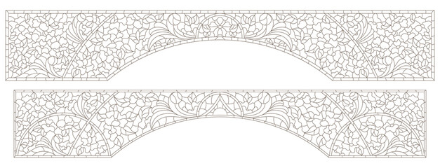 A set of contour illustrations in the style of stained glass with floral ornaments, designs for arches