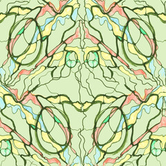 Striped geometric seamless pattern. Hand drawn green stripes on colorful rectangles and circles