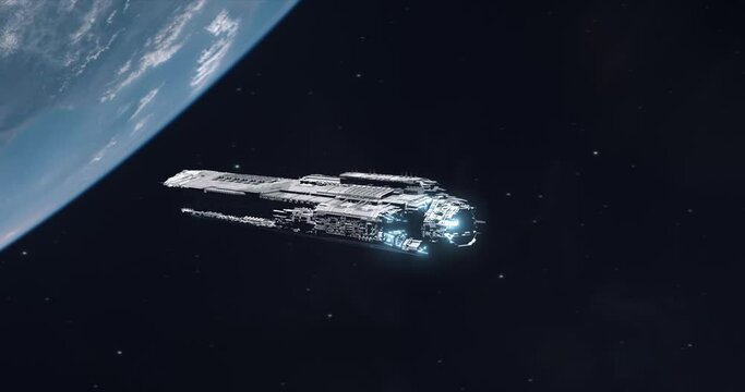 Large Futuristic Spaceship Approaching Earth and Entering Orbit
