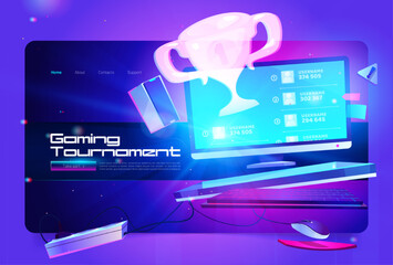 Gaming tournament cartoon landing page. Modern online sport game championship contest with gold champion trophy prize over computer desktop. Esport competition announcement, Vector web banner - obrazy, fototapety, plakaty