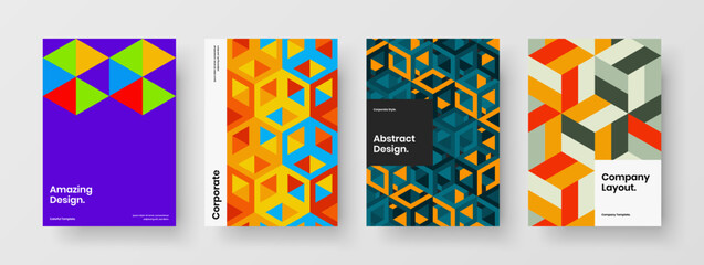 Modern mosaic hexagons brochure layout set. Isolated pamphlet A4 design vector concept bundle.