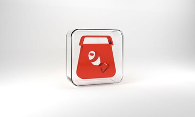 Red Online ordering and fast food delivery with fish icon isolated on grey background. Glass square button. 3d illustration 3D render