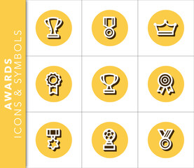 Icons and symbols set related to awards and trophies with shadow on gold background. Vector isolated graphic.
