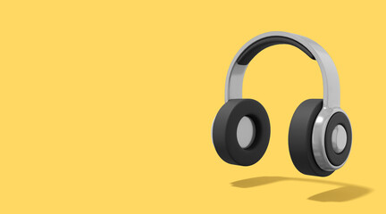 3d rendering. Realistic gray headphones on yellow background with space for text.