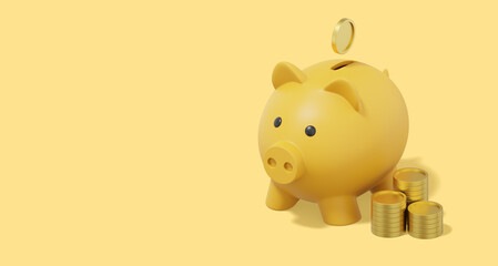 Yellow piggy bank with falling coins, stacks of coins on yellow background. Accumulation of savings icon. Banner, space for text. 3D rendering.