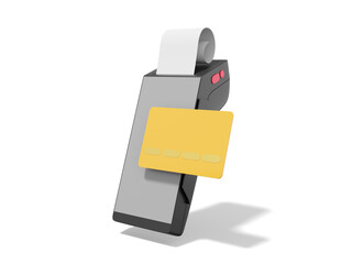 Gray black POS terminal with credit card and check. Modern machine for cashless payment. Device for NFC pay. 3D rendering on the white background.