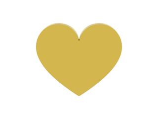 Flat metal heart. Symbol of love. Golden mono color. On a white solid background. Front view. 3d rendering.
