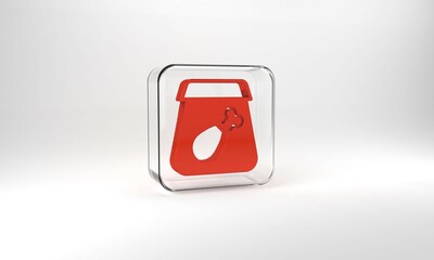 Red Online ordering and fast food delivery with meal icon isolated on grey background. Glass square button. 3d illustration 3D render