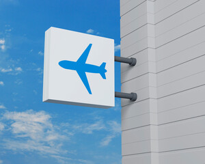Airplane icon on hanging white square signboard over blue sky, Business transportation service concept, 3D rendering