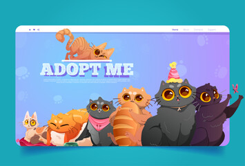 Adopt me cartoon landing page. Homeless pets adoption event announcement promo with funny kittens. Animal shelter charity, rescue, protection and support, custody, help to stray cats Vector web banner