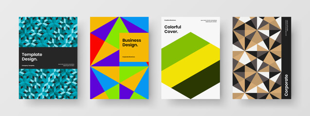 Obraz premium Clean geometric pattern postcard template set. Bright corporate brochure A4 vector design layout collection.