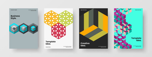 Multicolored geometric hexagons postcard template collection. Unique front page design vector concept composition.