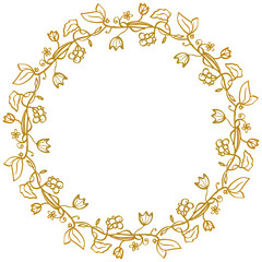 Wreath - romantic vector golden decorative elegant border with little flowers and branches with berries. Autumn mood.