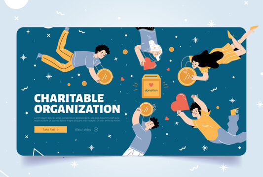 Charitable Organization Landing Page. Donation, Volunteers Charity Concept With Characters Throw Coins And Red Hearts Into Donate Box. People Giving Money For Helping, Line Art Flat Vector Web Banner