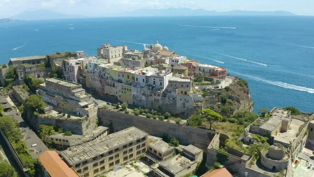 Aerial View of the Highest Point in Procida, Italy. A Quiet Island Town in the Gulf of Naples