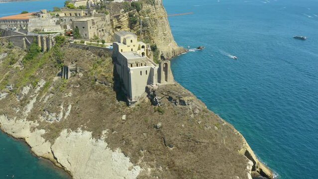 Aerial View of Monastery Santa Margherita Nuova, Drone Reveals Punta dei Monaci in Procida, Italy