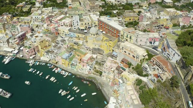 Top Down Aerial View of Procida, Italy on Beautiful Summer Day. Italian Island near Naples