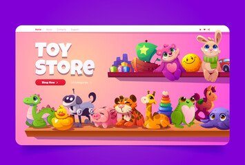 Toy store cartoon landing page with funny kids toys on wooden shelf in shop or market showcase, plush animals, piggy bank, smiling ball and robot dog for children games and playing, Vector web banner